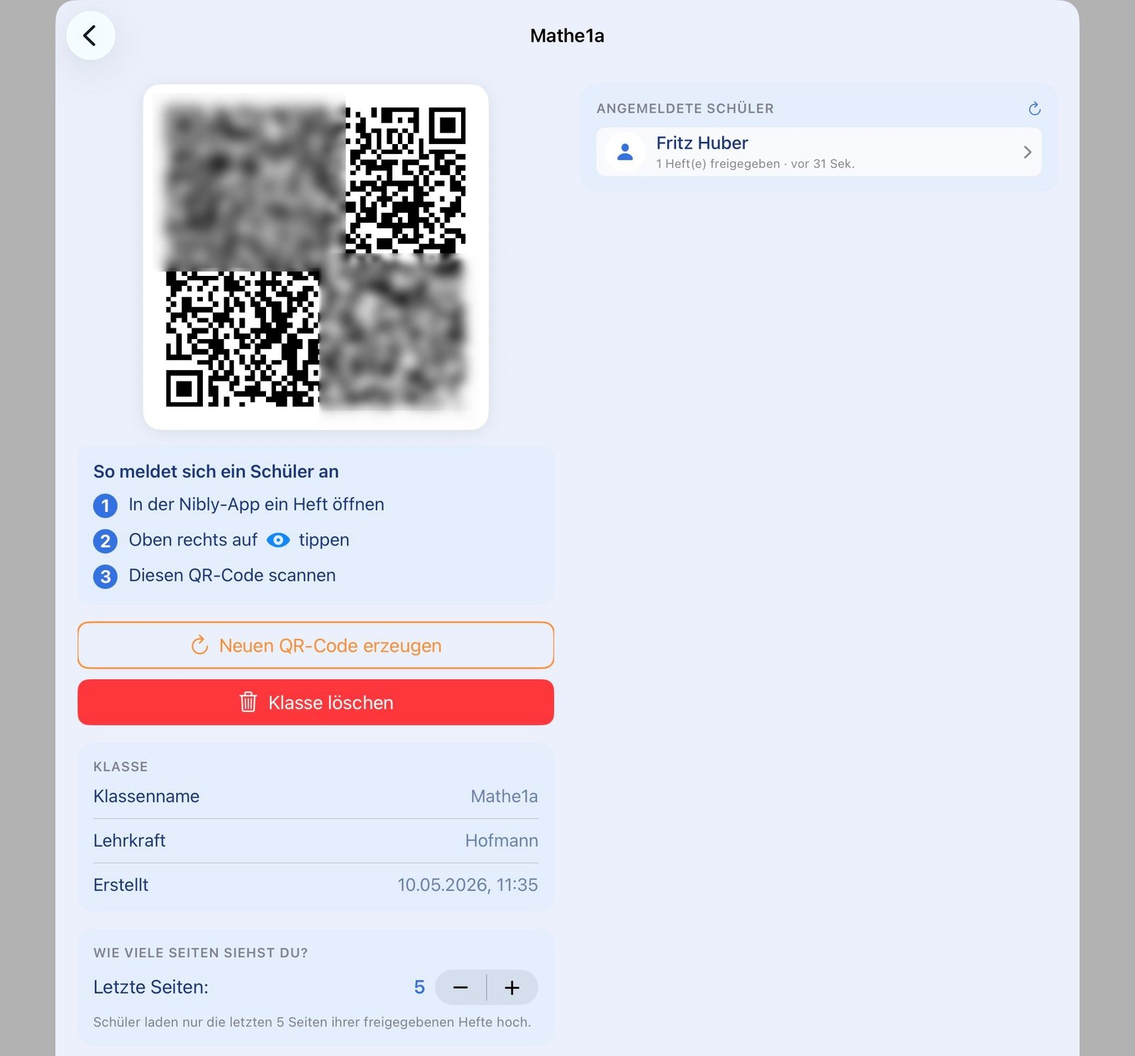 Klassen-Detailansicht mit QR-Code und angemeldeten Schüler:innen