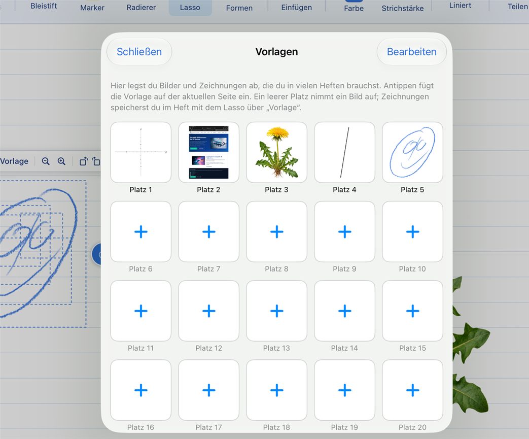 Template overview with saved images and drawings