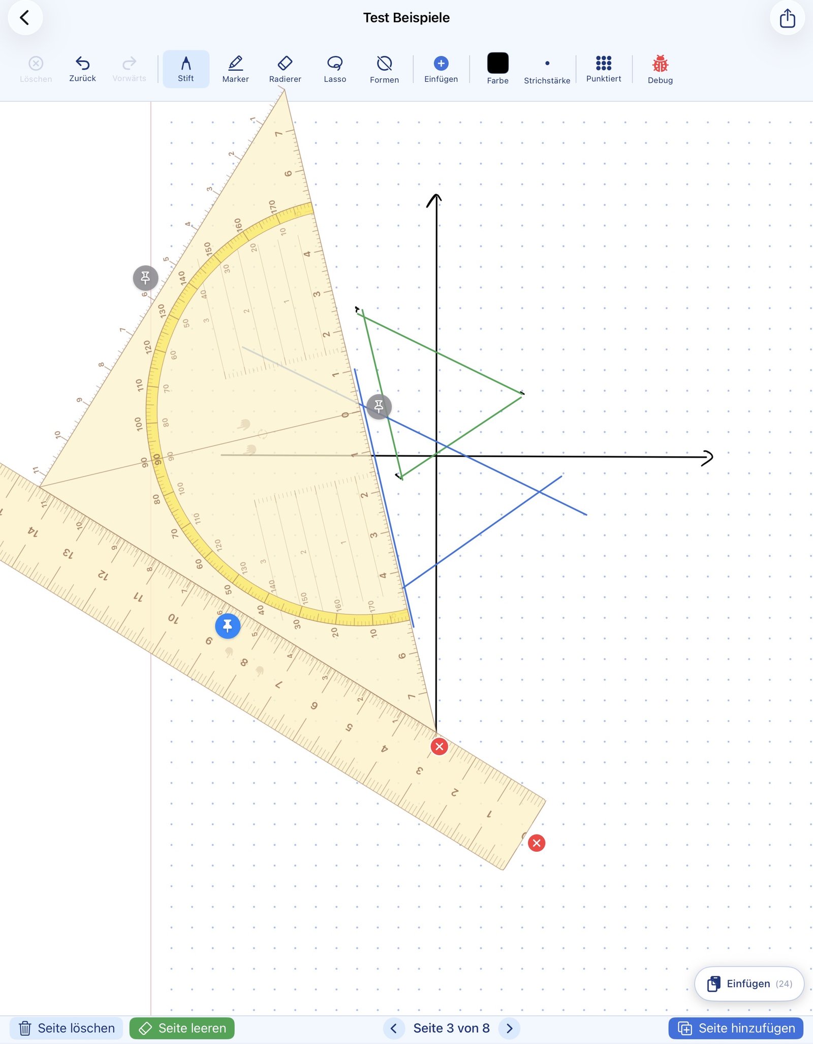 Ruler and set square in use
